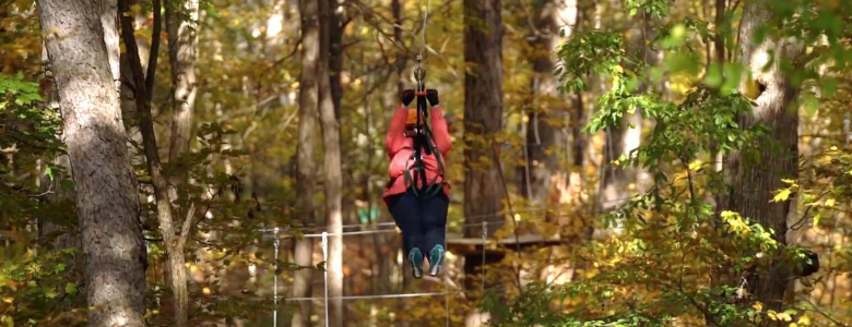 Retiree zip lining through woods