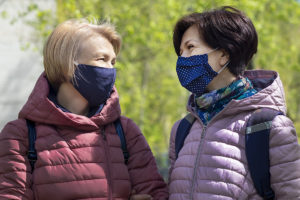 women friends outdoors wearing masks