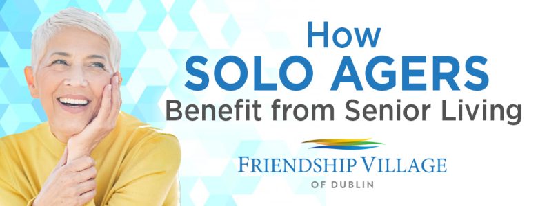 Graphic with single older woman: How solo agers benefit from senior living.