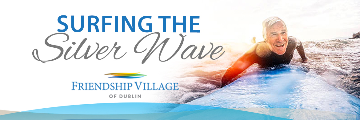 Graphic with an older man on a surfboard with the text "Surfing the Silver Wave"