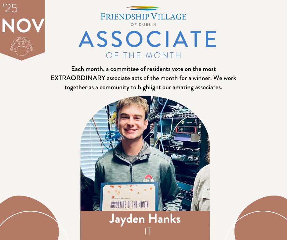 Jayen H. is named associate of the month for October 2025 at Friendship Village of Dublin