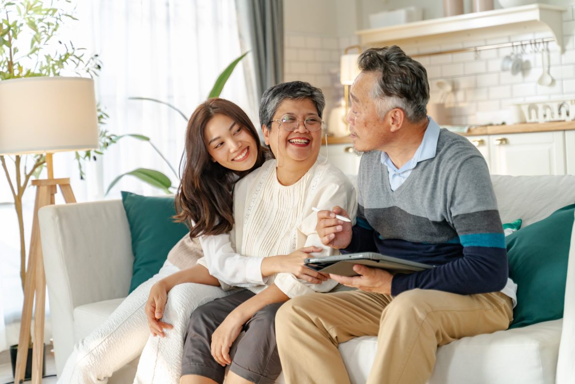 Young woman talks to her parents about their senior living options in central Ohio.