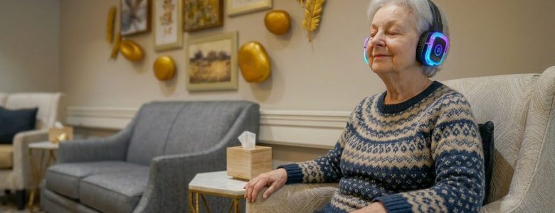 Photo of woman living with dementia wearing silent disco headphones.