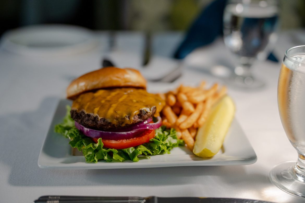 A cheeseburger is one of the items Residents can order online from the Legacy Dining Room at Friendship Village of Dublin.