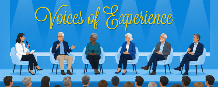 An animated set of individuals seated on a stage in front of seated people.